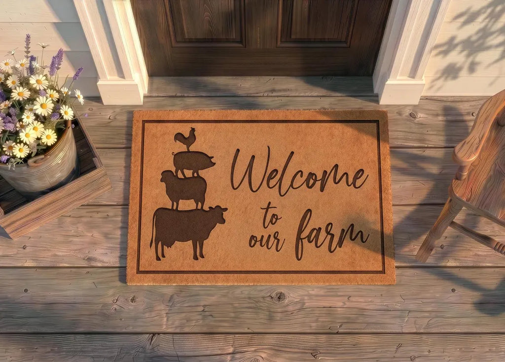 Personalized Farm Animal Doormat | Custom Welcome To The Farm Mat | Farmhouse Housewarming Gift | Laser Engraved - OBM Distribution, Inc.
