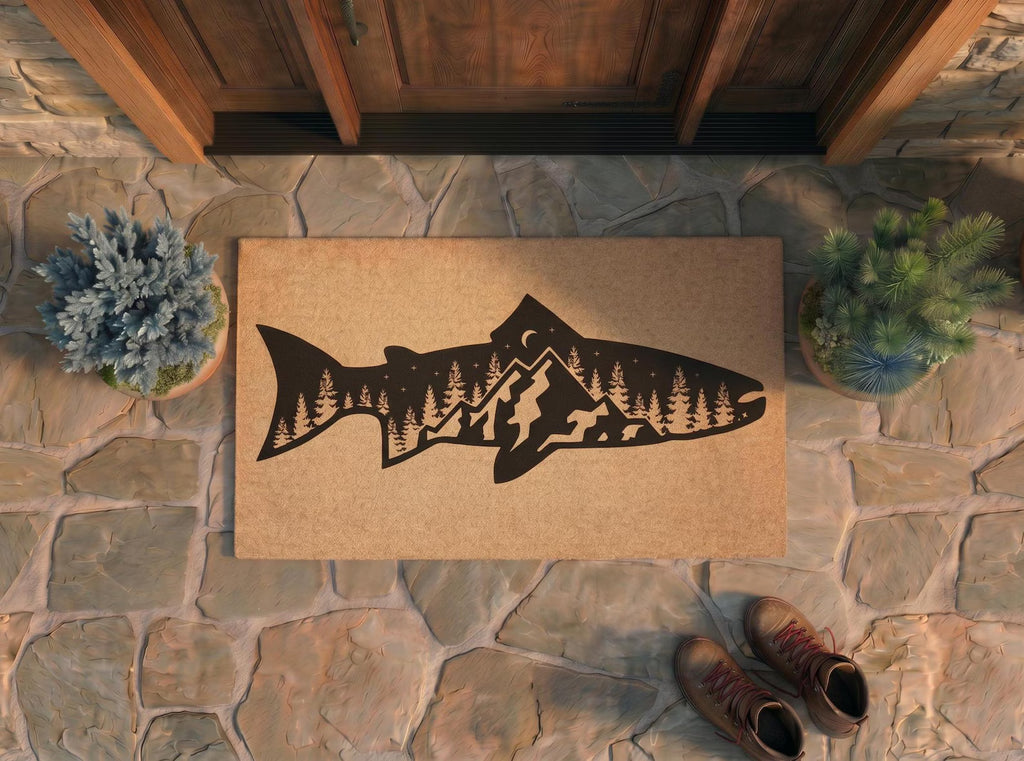 Personalized Trout Fishing Doormat | Custom Mountain Fish Welcome Mat | Lake Cabin Decor | Laser Engraved - OBM Distribution, Inc.