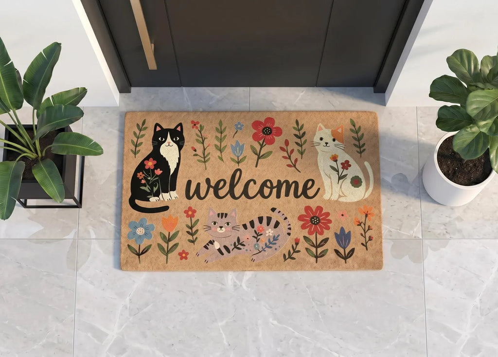 Personalized Floral Cat Welcome Doormat | Custom Cat Mat | Pet Lover Gift | UV Print - OBM Distribution, Inc.
