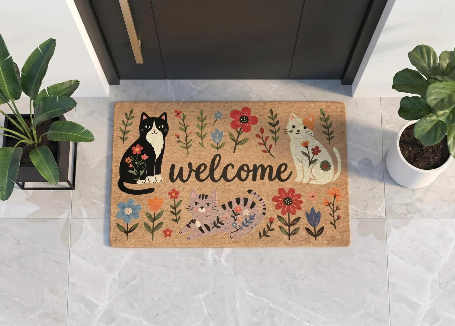 Personalized Floral Cat Welcome Doormat | Custom Cat Mat | Pet Lover Gift | UV Print - OBM Distribution, Inc.