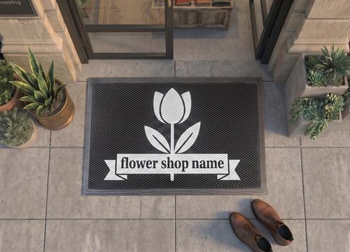 Custom Florist Shop Doormat | Personalized Flower Shop Mat | Tulip Ribbon Design | UV Print - OBM Distribution, Inc.