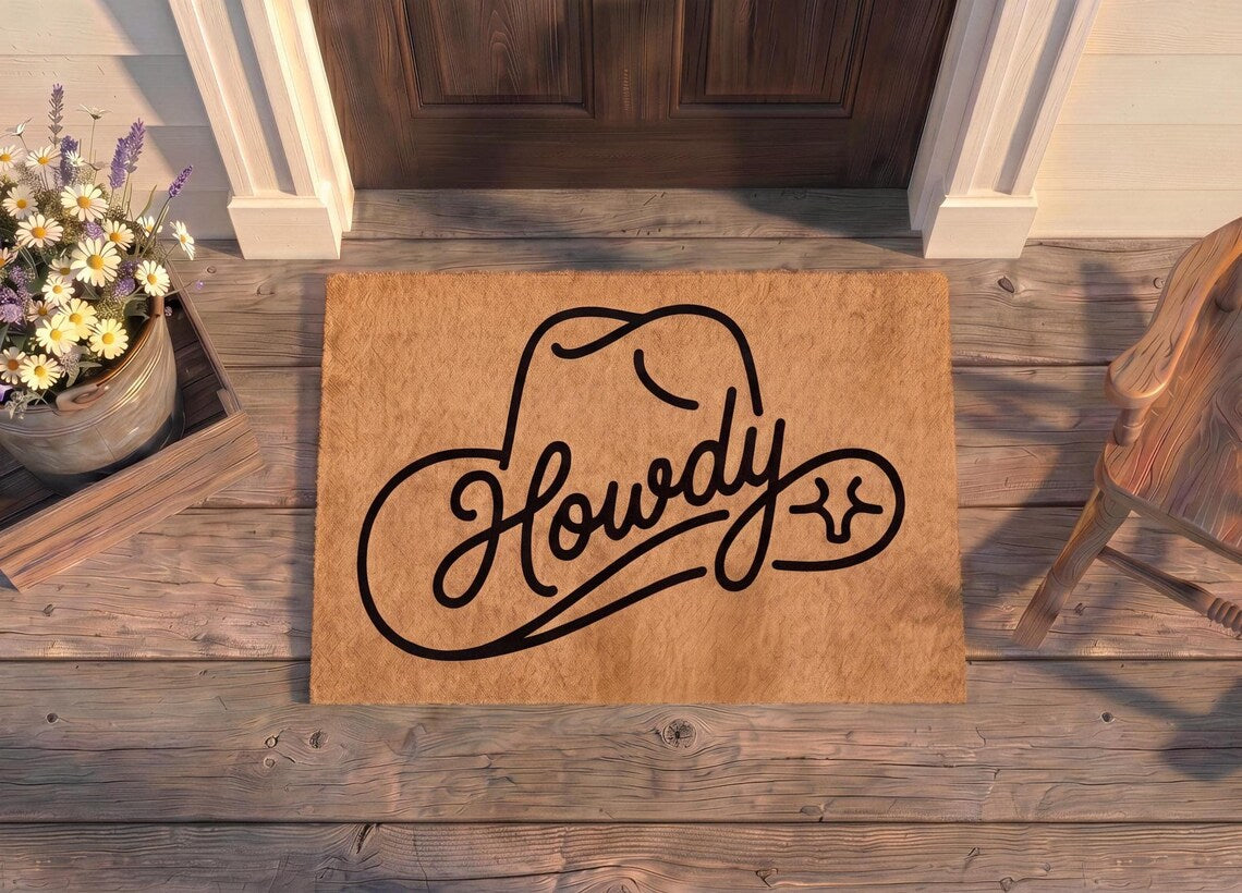 Personalized Howdy Cowboy Doormat | Custom Western Welcome Mat | Cowboy Hat Decor | Laser Engraved - OBM Distribution, Inc.