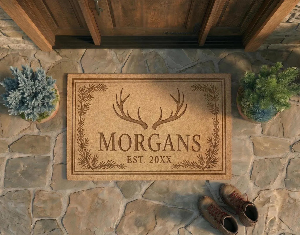 Personalized Antler Doormat | Custom Rustic Family Welcome Mat | Cabin Home Gift | Laser Engraved - OBM Distribution, Inc.