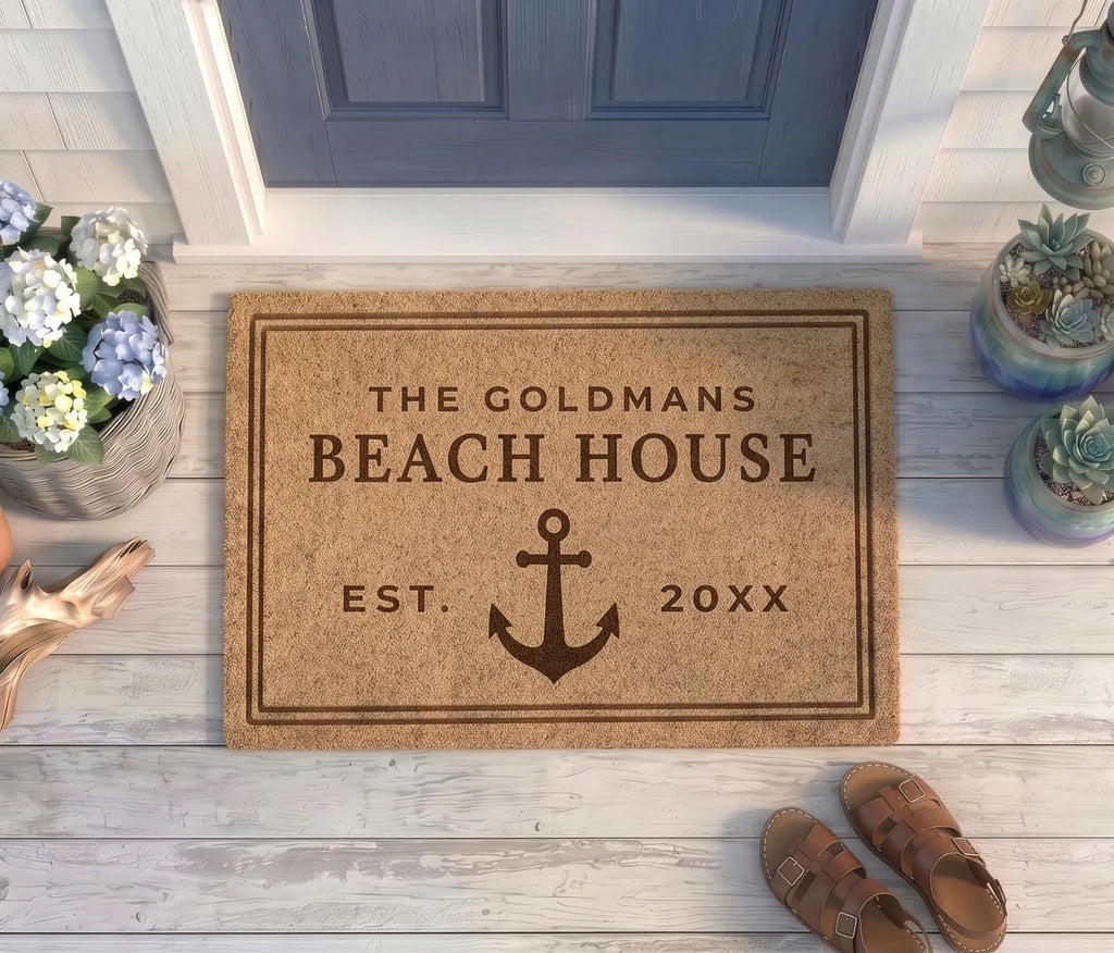 Personalized Beach House Doormat | Custom Name Anchor Welcome Mat | Vacation Home Gift | Laser Engraved - OBM Distribution, Inc.