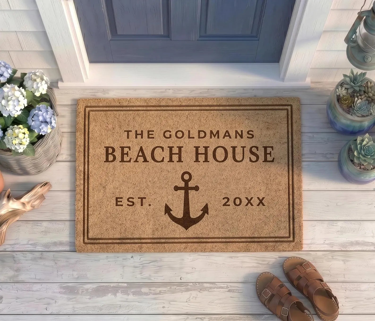 Personalized Beach House Doormat | Custom Name Anchor Welcome Mat | Vacation Home Gift | Laser Engraved - OBM Distribution, Inc.