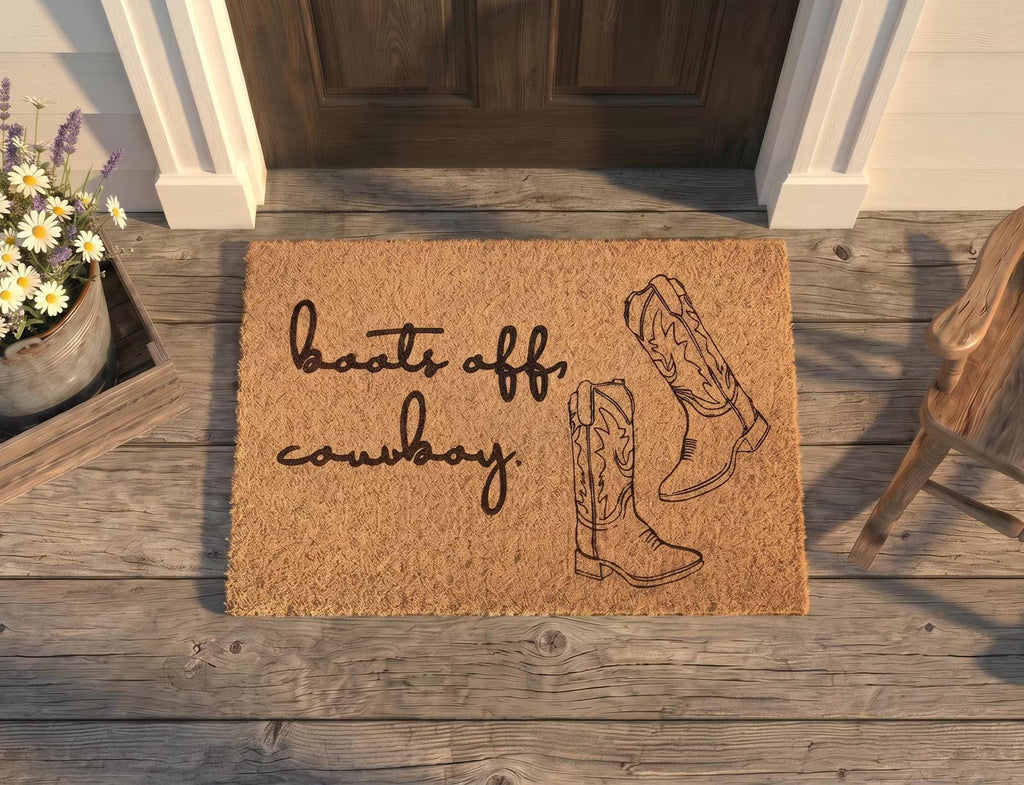 Personalized Boots Off Cowboy Doormat | Custom Western Boots Welcome Mat | Ranch Housewarming Gift | Laser Engraved - OBM Distribution, Inc.