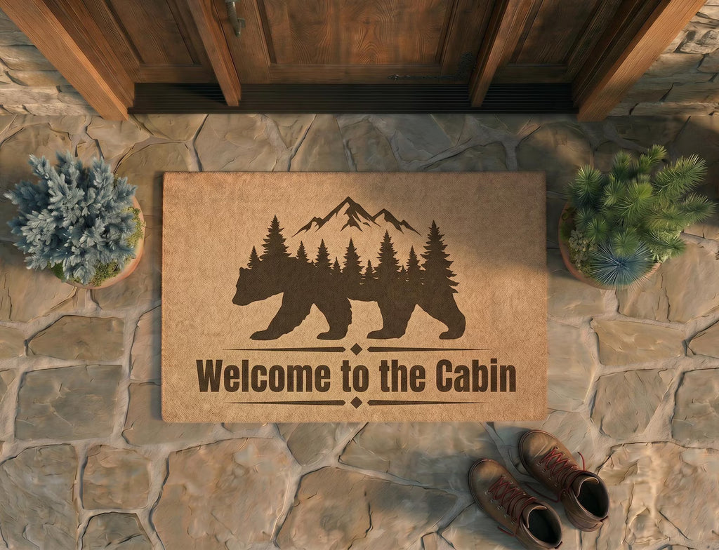 Personalized Cabin Doormat | Custom Bear Mountain Welcome Mat | Rustic Cabin Decor | Laser Engraved - OBM Distribution, Inc.