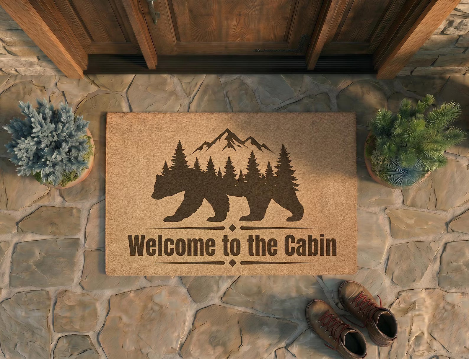 Personalized Cabin Doormat | Custom Bear Mountain Welcome Mat | Rustic Cabin Decor | Laser Engraved - OBM Distribution, Inc.