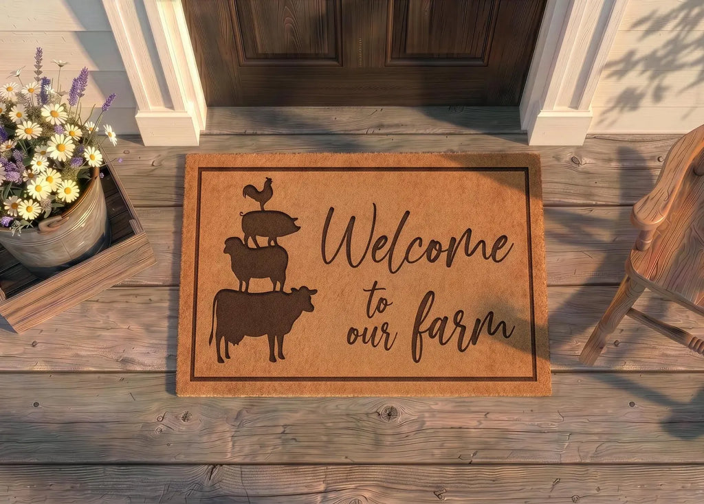 Personalized Farm Animal Doormat | Custom Welcome To The Farm Mat | Farmhouse Housewarming Gift | Laser Engraved - OBM Distribution, Inc.