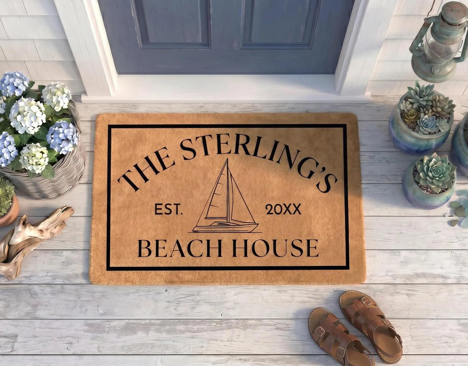 Personalized Sailboat Beach House Doormat | Custom Coastal Home Mat | Boat Owner Gift | Laser Engraved - OBM Distribution, Inc.