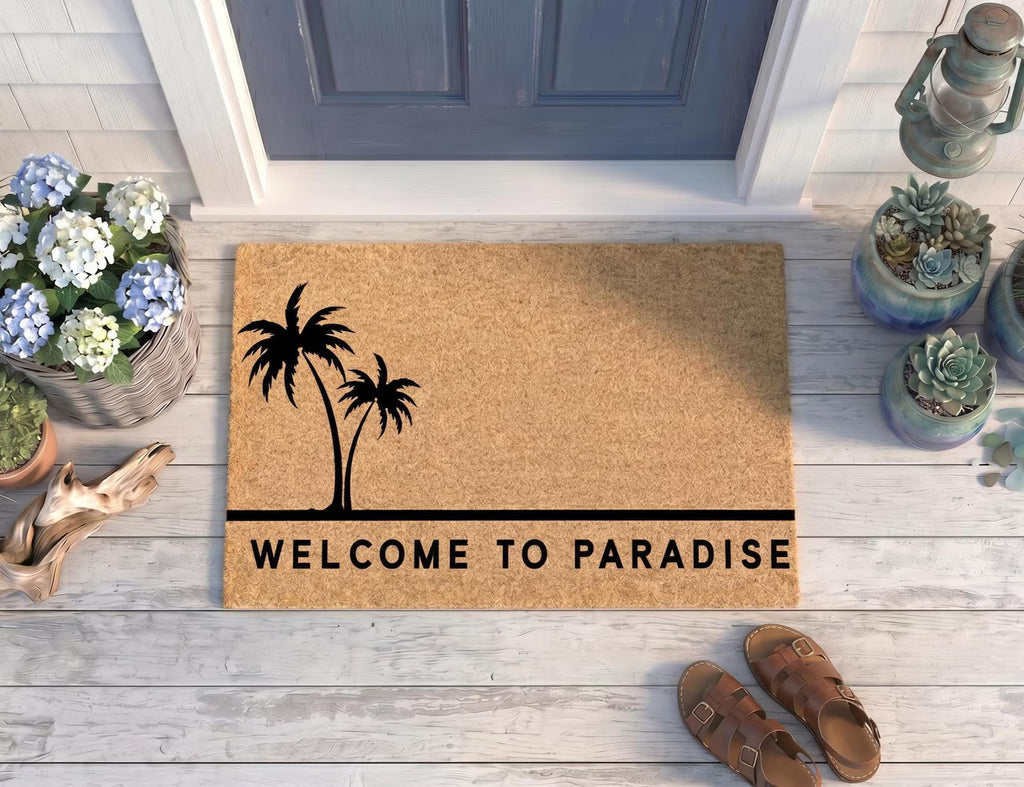 Personalized Welcome to Paradise Doormat | Custom Palm Tree Welcome Mat | Beach House Gift | Laser Engraved - OBM Distribution, Inc.
