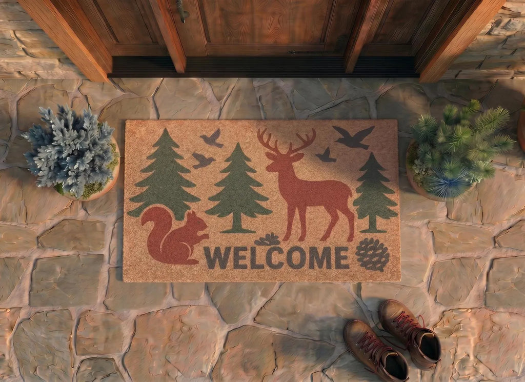 Personalized Woodland Animals Doormat | Deer Squirrel Welcome Mat | Cabin Housewarming Gift | Laser Engraved - OBM Distribution, Inc.
