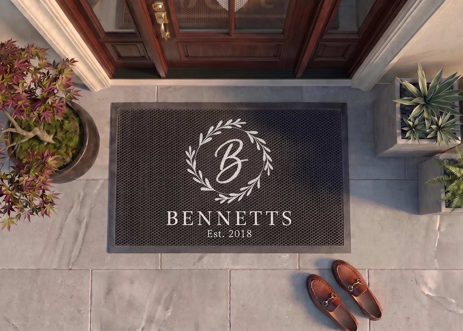 Personalized Wreath Initial Doormat | Custom Family Name Mat | Wedding Housewarming Gift | UV Print - OBM Distribution, Inc.